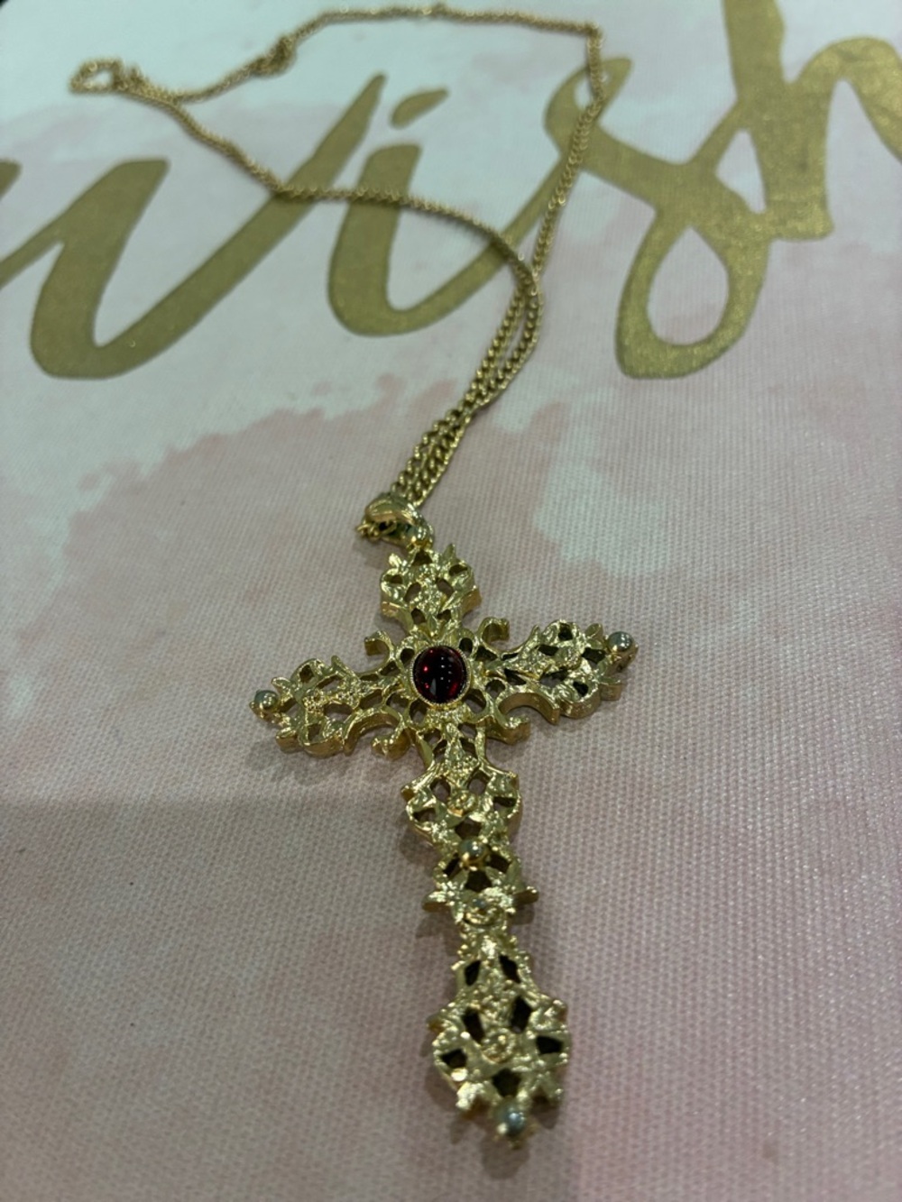 Gold Filigree Cross Necklace with Red Gem